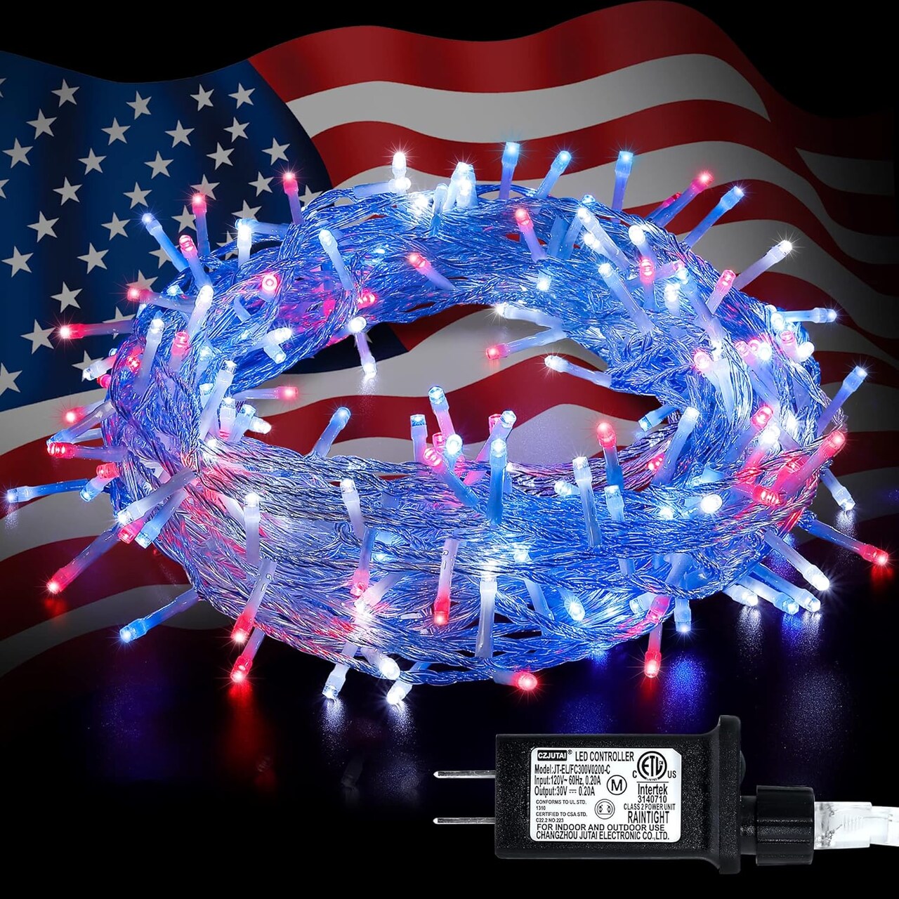 33ft Patriotic LED String Lights - 100 LED July 4th Decor on Clear Wire, Red White & Blue